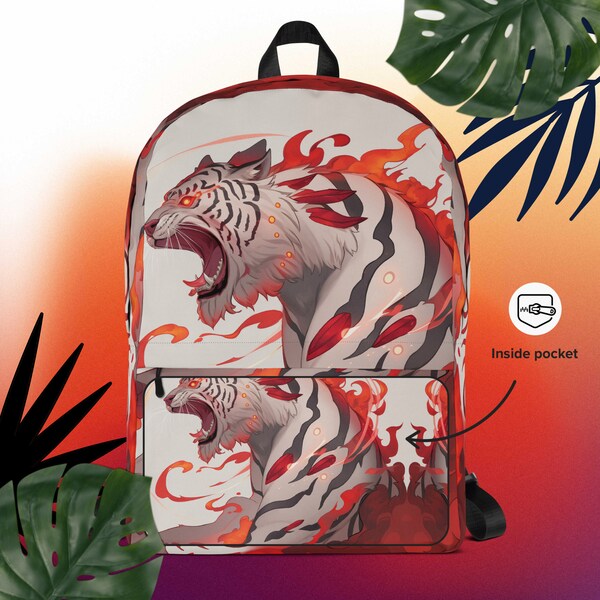 White Tiger Backpack Men's Fire Design Ransack Boys School Bookbag Orange-Red Travel Bag Medium Size Water-Resistant Unique Back Packs