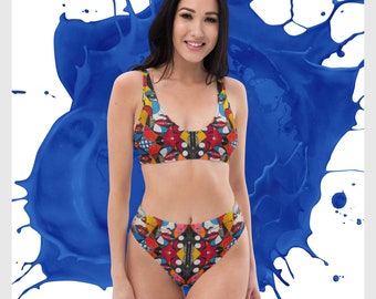 Retro-Pop-Bikini-Set, hohe Taille, Face-Art-Design, Bademode, einzigartiger 2-teiliger Badeanzug, bunter Badeanzug, Strandmode in Übergröße, Badeanzüge