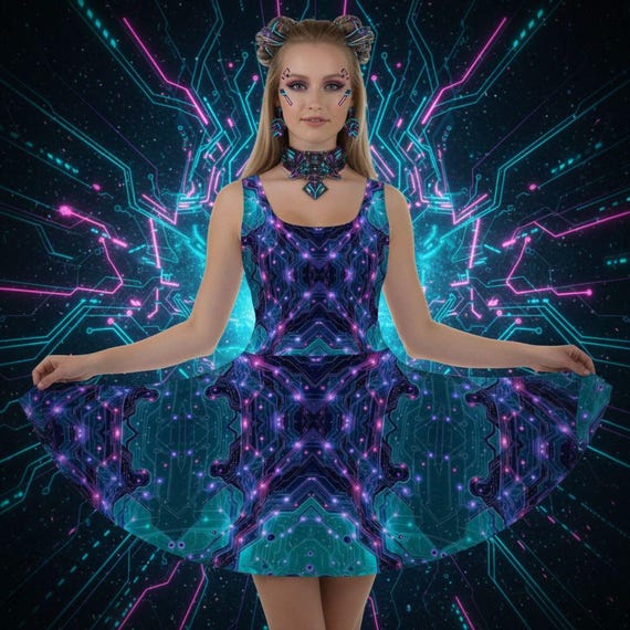 Futuristic Dress Festival Skater Dress Teal Sparkle Sundress Cyberpunk  Skater Dress Techno Neon Flare