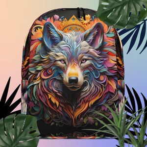May include: A backpack featuring a vibrant, colorful wolf design. The wolf's fur is a mix of blues, purples, oranges, and greens, set against a black background with floral accents. The backpack has a zippered closure and adjustable straps.