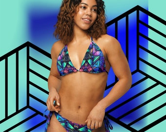 Glow String Bikini Geometrisches Badeanzug-Set für Damen, 2-teiliger Badeanzug, einzigartiges Design, Badebekleidung, Strand-Badeanzüge, Strandmode-Sets in Übergröße