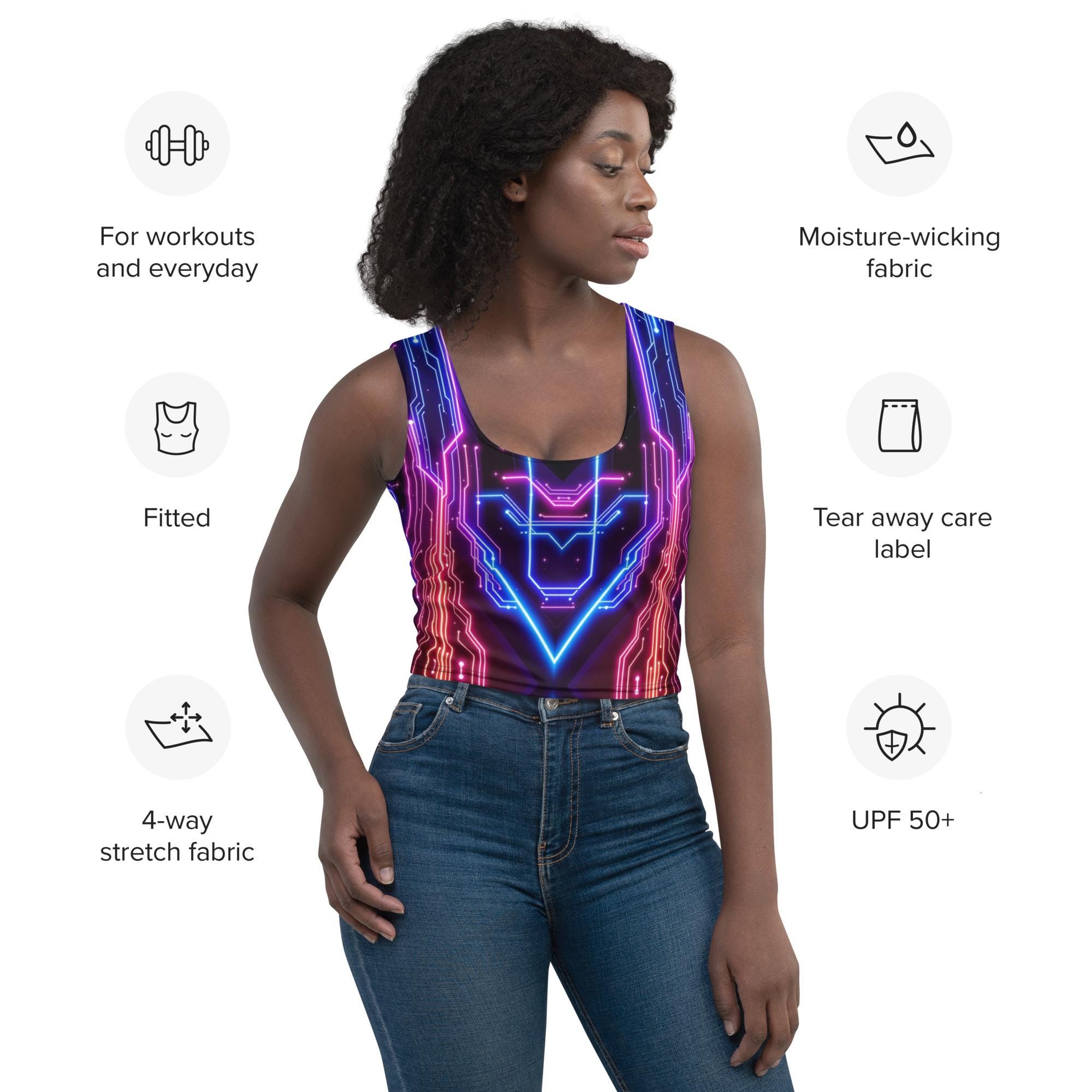 Neon Techno Crop Top Cyberpunk Tank Tops Sporty Bold Summer Blouse