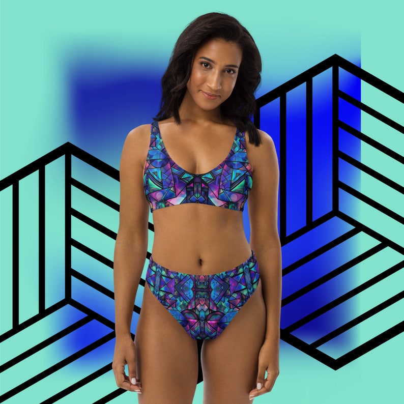 Geo Glow Bikini Set High Waisted Swimsuit Geometric Bathing Suit Women's Unique Plus Size Beachwear Sets Beach 2 Piece Swimming Suits