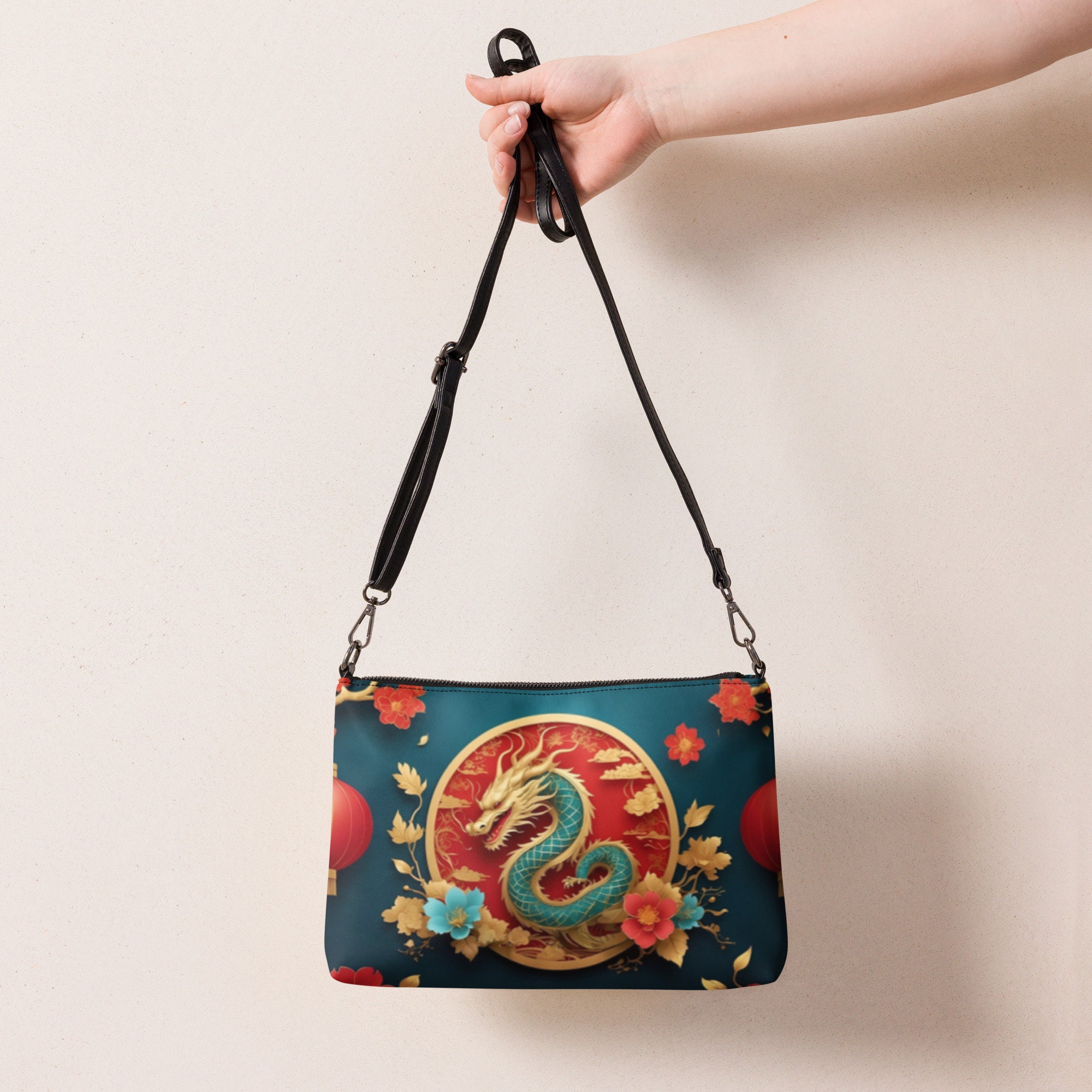 Gold Dragon Crossbody Bag Red Teal Purse Mystical Design Handbag Women