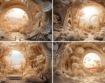 17 Digital Papier-mâché Style Backdrop of Garden Tunnel