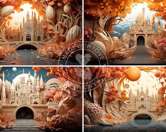 23 Digital Papier-mâché Style Backdrop of Enchanted Autumn Garden