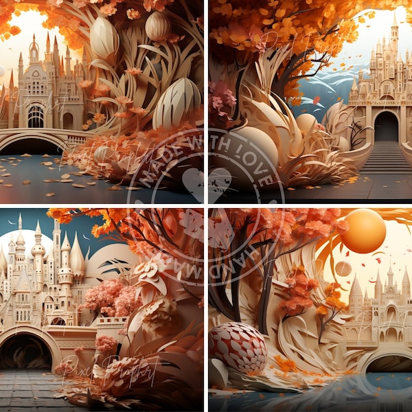 23 Digital Papier-mâché Style Backdrop of Enchanted Autumn Garden