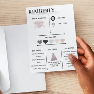 May include: A printable bridesmaid checklist with the bride and groom's names, "Maria & Mark", the wedding date, "June 9th", and the wedding location, "Las Vegas". The checklist includes sections for "The Colors", "The Party", "The Dress", and "The Duties".