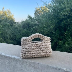 May include: A beige crochet handbag with a rectangular shape and a small handle. The bag is made of thick yarn and has a textured appearance. The background features green foliage and a blue sky.