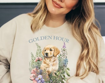 Sudadera Golden Hour, sudadera Golden Retriever de cuello redondo, sudadera para mamás perrunas, regalo para mamás perrunas, sudadera floral con cuello redondo, camiseta de energía Golden Retriever