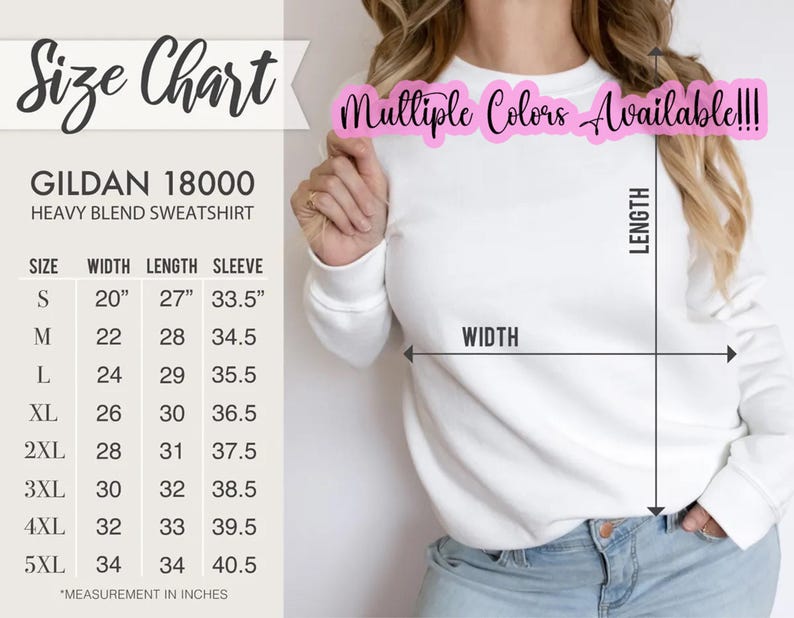 Op de afbeelding: Maattabel voor een Gildan 18000 heavy blend sweatshirt. De tabel toont de afmetingen in inches voor maten S tot en met 5XL, inclusief breedte, lengte en mouwlengte.