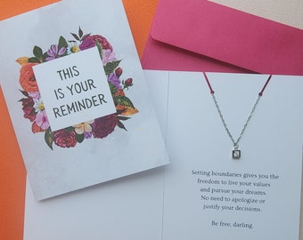 Boundaries Gift for Friend, Daughter, Self - Personalized Card & Necklace - Inspirational Present - Dainty Square Charm - 16 / 18 in Chain