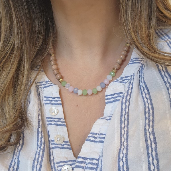 Pastel Beaded Necklace with Gold Accents and Wood Beads for a Delicate Glam Vibe - 16 or 18 Inch Necklace - Light Blue, Pink, Green