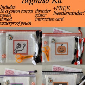 Halloween Needlepoint Kit, Beginner Needlepoint Canvas with Materials and Zipper Pouch, Ghost, Pumpkin, Skeleton, Witch Hat