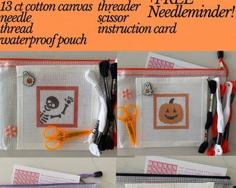 Halloween Needlepoint Kit, Beginner Needlepoint Canvas with Materials and Zipper Pouch, Ghost, Pumpkin, Skeleton, Witch Hat