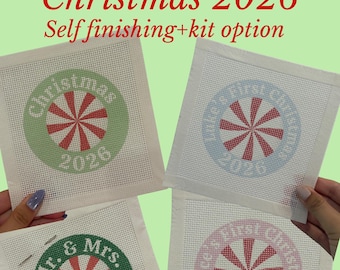 Baby’s First Christmas, Christmas 2026, Mr. and Mrs. Xmas, Personalized Self Finishing Needlepoint Ornament (Kit or Canvas Only)
