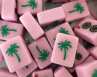 Pink Tile with Green Palm Tree Mahjong Set of 158 Tiles with UV resin seal