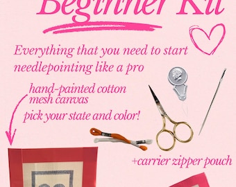 Your State Needlepoint Beginner Kit: Hand Painted Needlepoint Canvas with Materials and Zipper Pouch