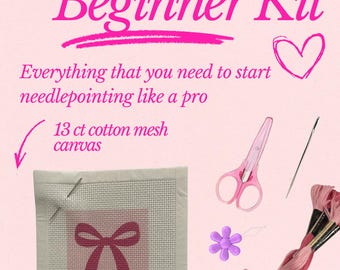 Pink Bow Needlepoint Beginner Kit: Hand Painted Needlepoint Canvas with Materials and Zipper Pouch