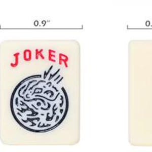 May include: A rectangular off-white mahjong tile featuring the red text JOKER above a black circular graphic. The tile measures 1.2 inches in height and 0.9 inches in width. A second plain off-white tile is shown with a width of 0.5 inches.