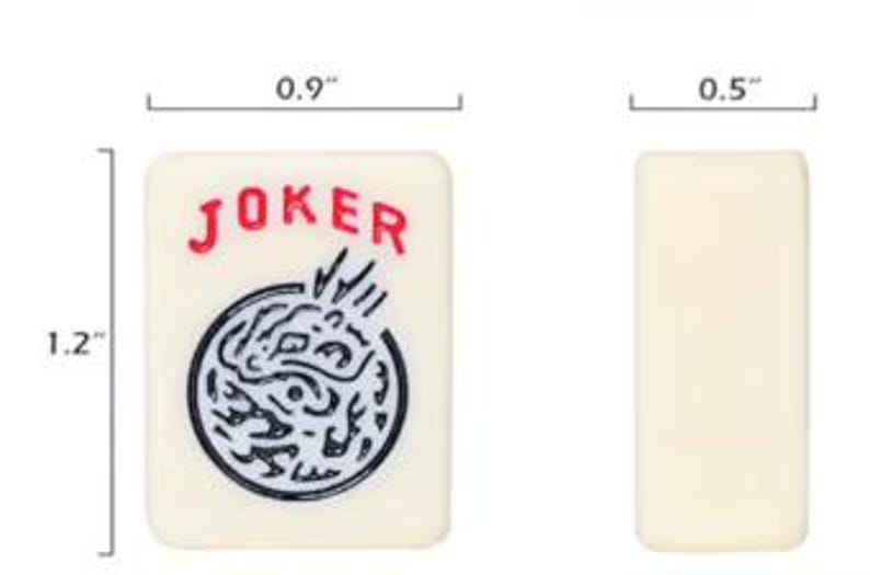 May include: A rectangular off-white mahjong tile featuring the red text JOKER above a black circular graphic. The tile measures 1.2 inches in height and 0.9 inches in width. A second plain off-white tile is shown with a width of 0.5 inches.