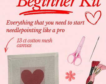 Pink Red Heart Needlepoint Beginner Kit: Hand Painted Needlepoint Canvas with Materials and Zipper Pouch