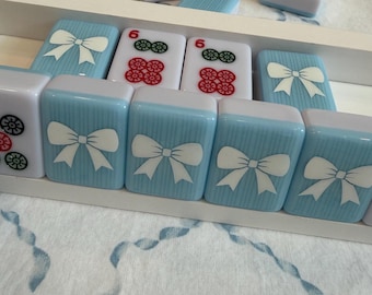 Blue and White Bow design UNIQUE Mahjong Tile Set with UV resin seal