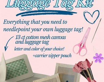 Needlepoint Luggage Tag Kit: Custom Needlepoint Canvas with Materials and Zipper Pouch for Self Finishing