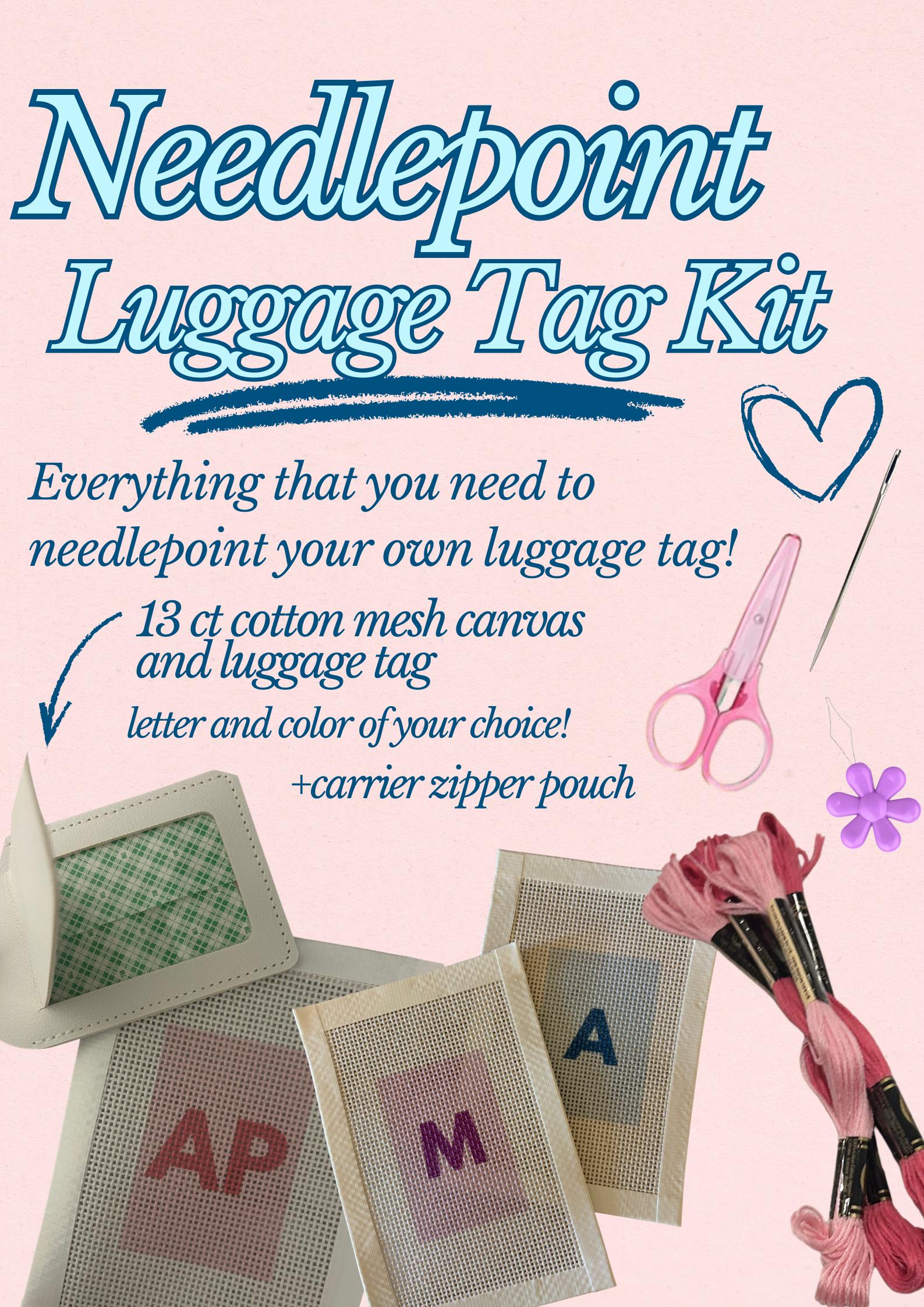 Needlepoint Luggage Tag Kit: Custom Needlepoint Canvas with Materials and Zipper Pouch for Self Finishing