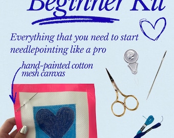 Heart Needlepoint Beginner Kit: Hand Painted Needlepoint Canvas with Materials and Zipper Pouch