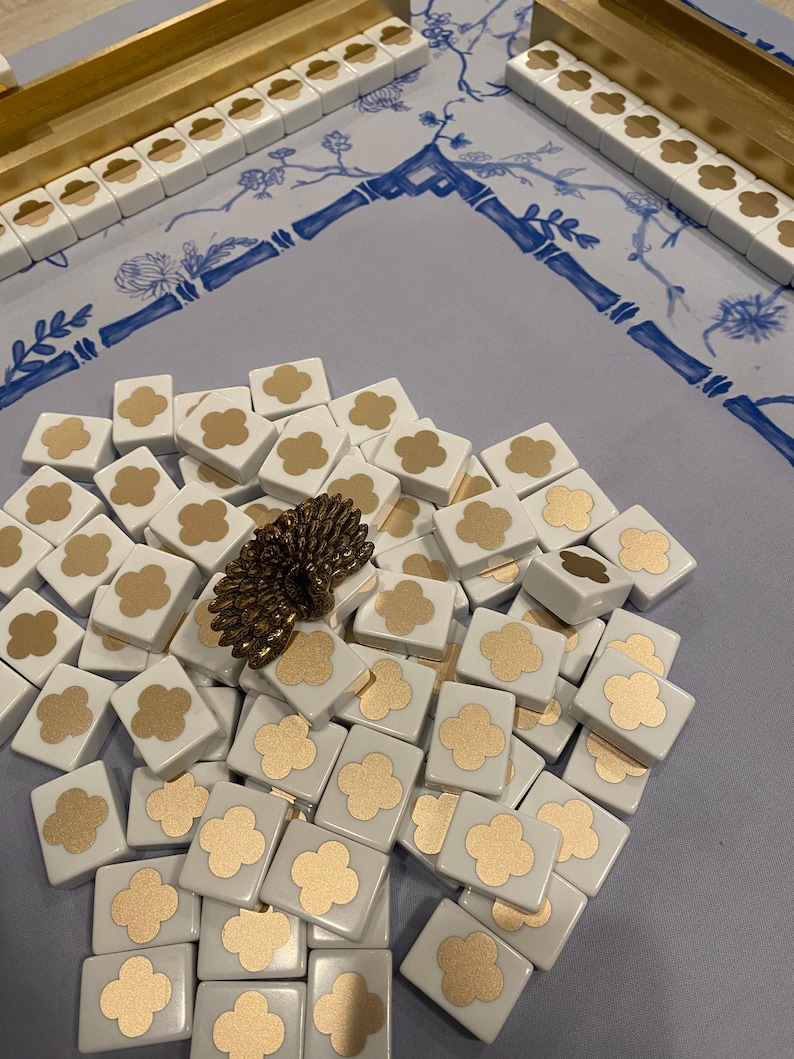 Clover design White Mahjong Tile Set One of a Kind with a glossy UV resin seal image 7