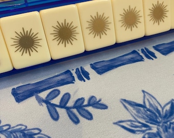 Unique Gold Sun design Cream Mahjong Tile Set of 166 tiles with UV Resin seal