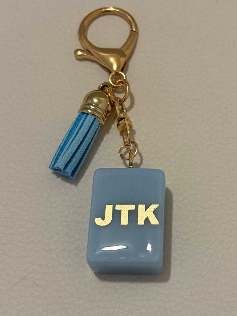 Personalized Flower Mahjong Tile Bag Charm, choose your tile and monogram blue