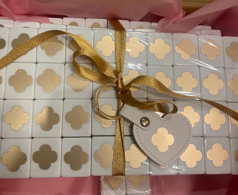 Clover design White Mahjong Tile Set One of a Kind with a glossy UV resin seal image 3