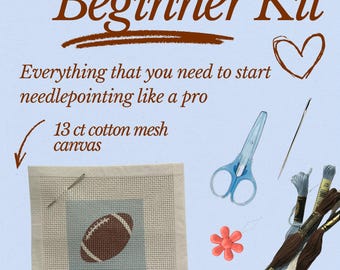 Blue Baby Boy Gift Sports Football Needlepoint Beginner Kit: Needlepoint Canvas with Materials and Zipper Pouch