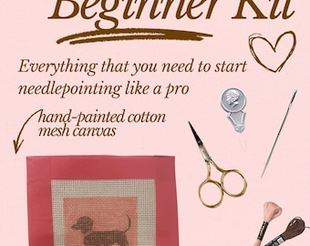Pink Dog dachshund Needlepoint Beginner Kit: Hand Painted Needlepoint Canvas with Materials and Zipper Pouch