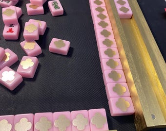 Pink Tile with Gold Clover Mahjong Set of 166 Tiles with UV resin seal