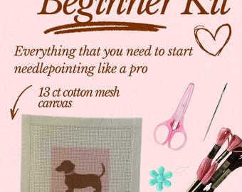 Pink Dog dachshund Needlepoint Beginner Kit: Hand Painted Needlepoint Canvas with Materials and Zipper Pouch