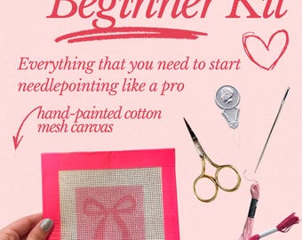 Pink Bow Needlepoint Beginner Kit: Hand Painted Needlepoint Canvas with Materials and Zipper Pouch