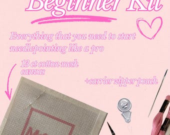 Pink Mother's Day Mom Needlepoint Beginner Kit: Hand Painted Needlepoint Canvas with Materials and Zipper Pouch