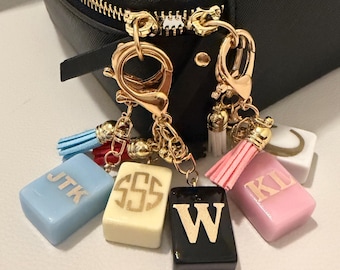 Personalized Flower Mahjong Tile Bag Charm, choose your tile and monogram