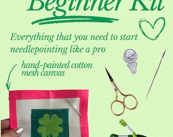 Clover St. Patricks Needlepoint Beginner Kit: Hand Painted Needlepoint Canvas, Materials, Zipper Pouch