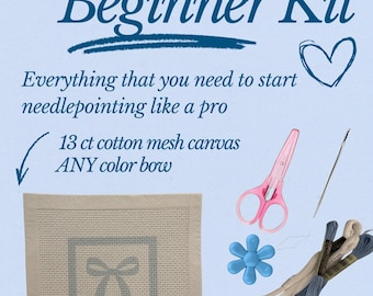 ANY COLOR Bow Needlepoint Beginner Kit:  Needlepoint Canvas with Materials and Zipper Pouch