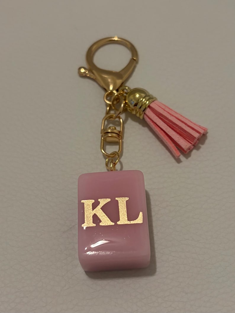 Personalized Flower Mahjong Tile Bag Charm, choose your tile and monogram pink
