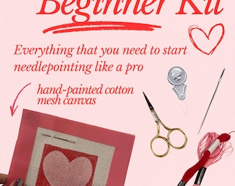 Pink Red Heart Valentines Needlepoint Beginner Kit: Hand Painted Needlepoint Canvas with Materials and Zipper Pouch