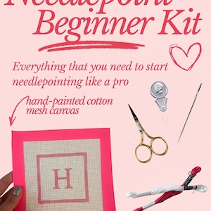 Initial Needlepoint Beginner Kit: Hand Painted Needlepoint Canvas with Materials and Zipper Pouch