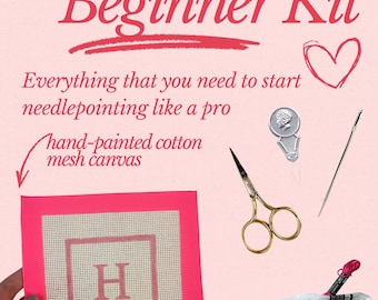 Initial Needlepoint Beginner Kit: Hand Painted Needlepoint Canvas with Materials and Zipper Pouch