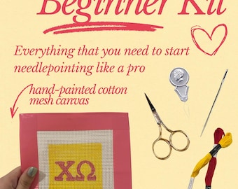 YOUR Sorority, Personalized Needlepoint Beginner Kit: Hand Painted Needlepoint Canvas with Materials and Zipper Pouch