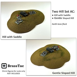 15mm terrain for FOW, Team Yankee, Epic: 2 Hill Set AC - Saddle and Gentle Sloped Hill, earth flock  [Hill-AC-E]