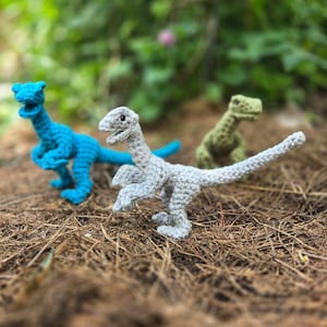 Puede incluir: Tres figuras de dinosaurios de ganchillo en azul, gris y verde. Los dinosaurios posan sobre un lecho de paja marrón, con un fondo verde borroso. El dinosaurio gris está en primer plano, con la cola extendida.